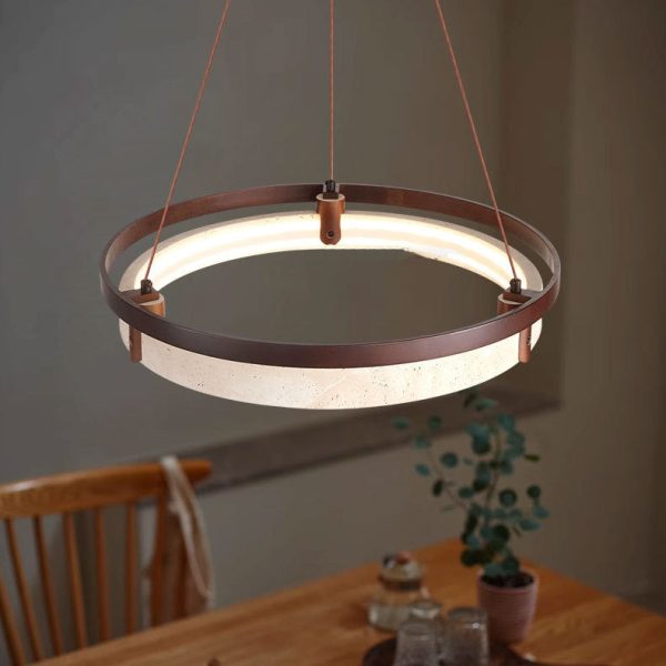 Traditional Japanese Round Yellow Travertine Walnut LED Chandelier For Dining Room - Image 13