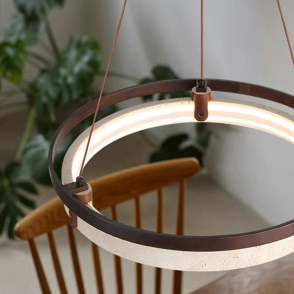 Traditional Japanese Round Yellow Travertine Walnut LED Chandelier For Dining Room - Image 9