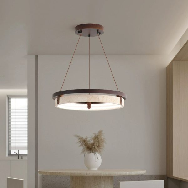 Traditional Japanese Round Yellow Travertine Walnut LED Chandelier For Dining Room - Image 14
