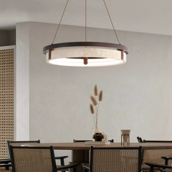 Traditional Japanese Round Yellow Travertine Walnut LED Chandelier For Dining Room - Image 3
