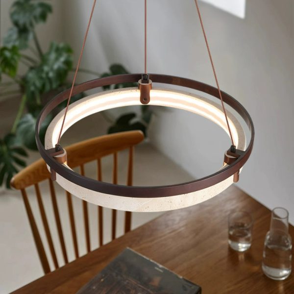 Traditional Japanese Round Yellow Travertine Walnut LED Chandelier For Dining Room - Image 10
