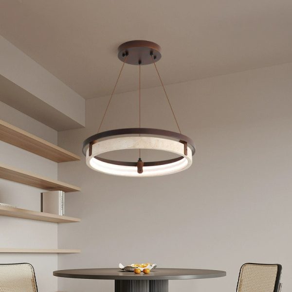 Traditional Japanese Round Yellow Travertine Walnut LED Chandelier For Dining Room - Image 2