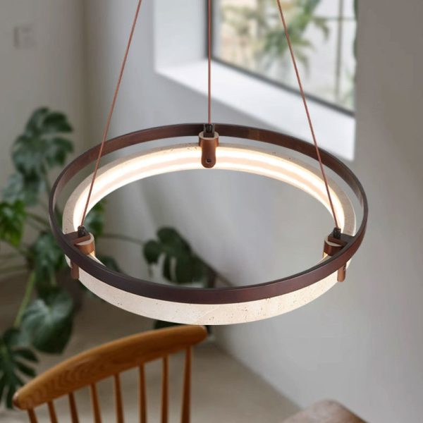 Traditional Japanese Round Yellow Travertine Walnut LED Chandelier For Dining Room - Image 11
