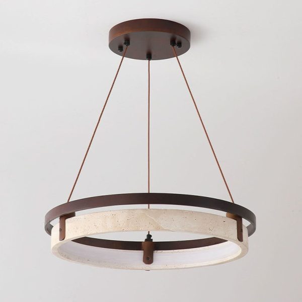 Traditional Japanese Round Yellow Travertine Walnut LED Chandelier For Dining Room - Image 17