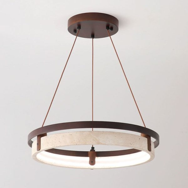Traditional Japanese Round Yellow Travertine Walnut LED Chandelier For Dining Room - Image 16