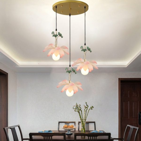 Traditional Chinese Lotus Orb Iron Resin Ceramics 1/3/5 - Light Chandelier For Dining Room - Image 2
