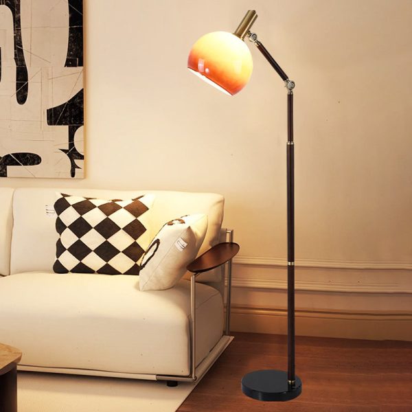 Contemporary Retro Semicircle Round Base Bendable Rubber Wood Marble Glass 1 - Light Standing Floor Lamp For Living Room
