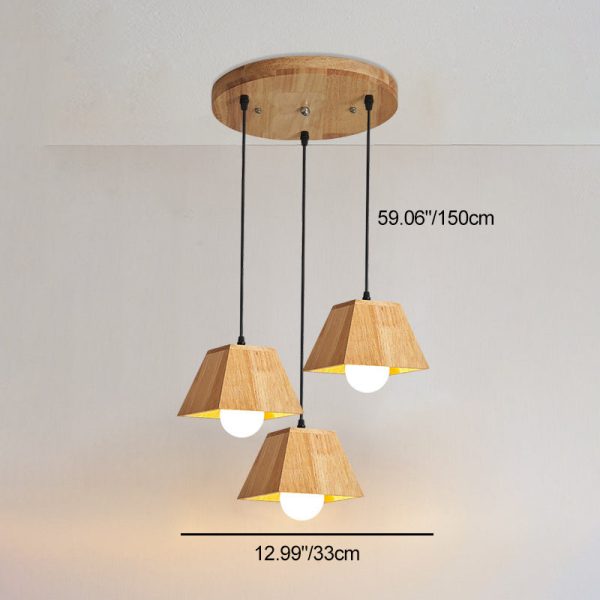 Traditional Japanese Trapezoid Orb Rubber Wood 1/3 - Light Chandelier For Dining Room - Image 5
