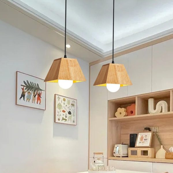 Traditional Japanese Trapezoid Orb Rubber Wood 1/3 - Light Chandelier For Dining Room - Image 3