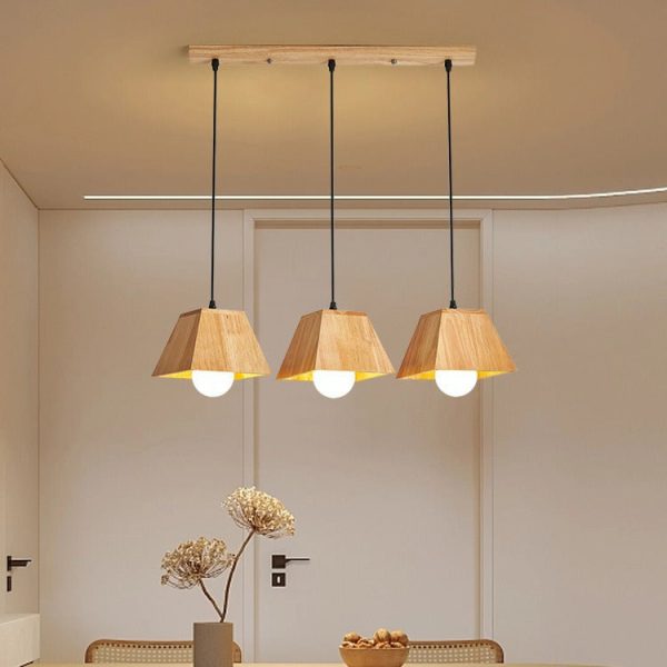Traditional Japanese Trapezoid Orb Rubber Wood 1/3 - Light Chandelier For Dining Room - Image 14