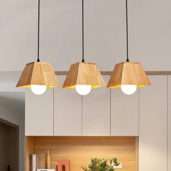 Traditional Japanese Trapezoid Orb Rubber Wood 1/3 - Light Chandelier For Dining Room - Image 15