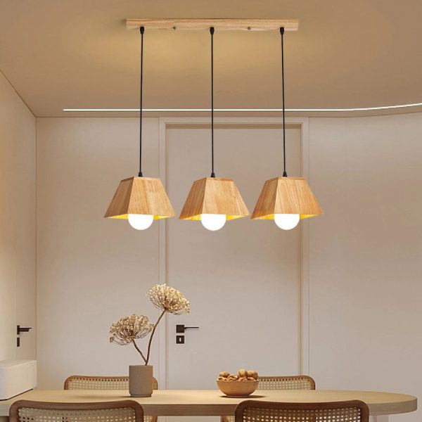 Traditional Japanese Trapezoid Orb Rubber Wood 1/3 - Light Chandelier For Dining Room