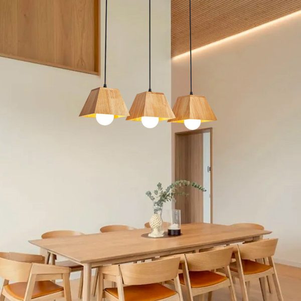 Traditional Japanese Trapezoid Orb Rubber Wood 1/3 - Light Chandelier For Dining Room - Image 2