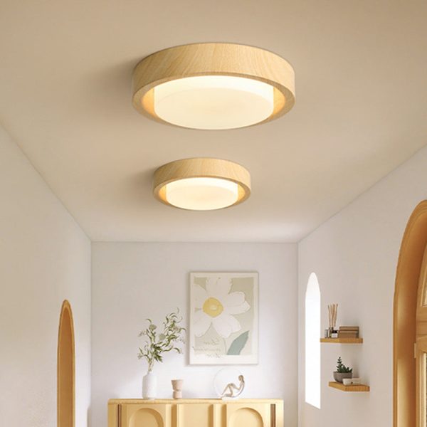 Contemporary Nordic Round Wood Iron Glass LED Flush Mount Ceiling Light For Hallways - Image 16