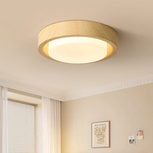 Contemporary Nordic Round Wood Iron Glass LED Flush Mount Ceiling Light For Hallways - Image 2