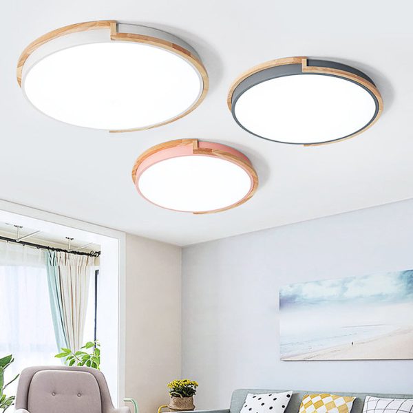 Contemporary Nordic Round Wood Iron Frame Acrylic Shade LED Flush Mount Ceiling Light For Bedroom - Image 11