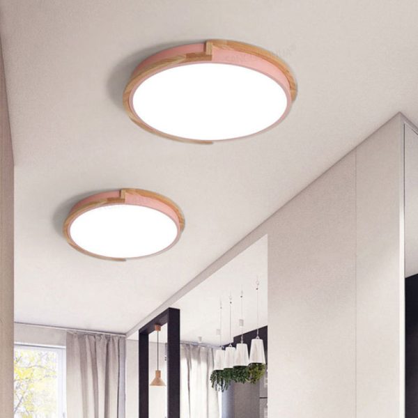 Contemporary Nordic Round Wood Iron Frame Acrylic Shade LED Flush Mount Ceiling Light For Bedroom - Image 2