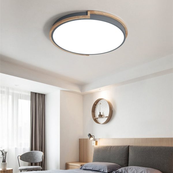 Contemporary Nordic Round Wood Iron Frame Acrylic Shade LED Flush Mount Ceiling Light For Bedroom - Image 3