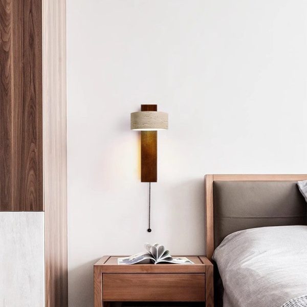 Traditional Japanese Rectangle Round Yellow Travertine Solid Wood 1-Light Wall Sconce Lamp For Bedroom - Image 7