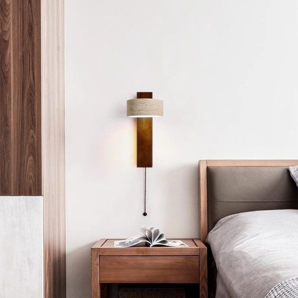 Traditional Japanese Rectangle Round Yellow Travertine Solid Wood 1-Light Wall Sconce Lamp For Bedroom - Image 8