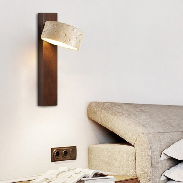 Traditional Japanese Rectangle Round Yellow Travertine Solid Wood 1-Light Wall Sconce Lamp For Bedroom - Image 9
