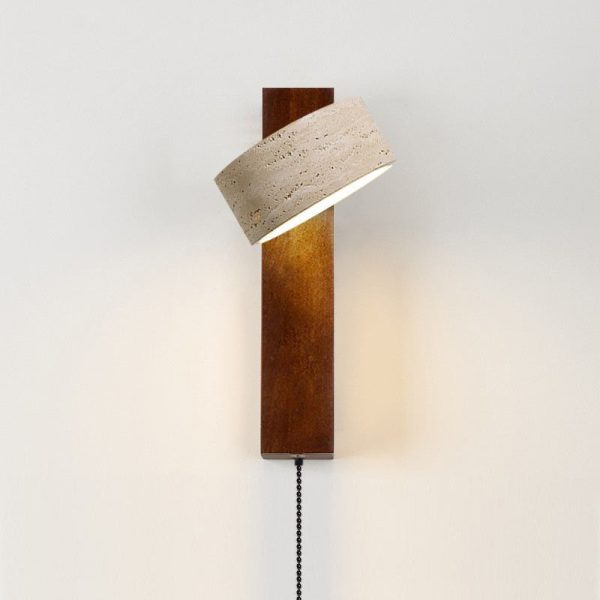 Traditional Japanese Rectangle Round Yellow Travertine Solid Wood 1-Light Wall Sconce Lamp For Bedroom - Image 11
