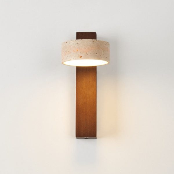 Traditional Japanese Rectangle Round Yellow Travertine Solid Wood 1-Light Wall Sconce Lamp For Bedroom - Image 12