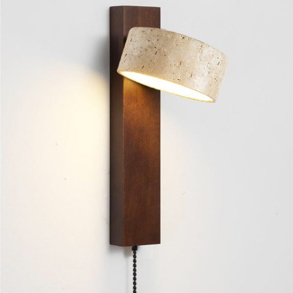 Traditional Japanese Rectangle Round Yellow Travertine Solid Wood 1-Light Wall Sconce Lamp For Bedroom - Image 5
