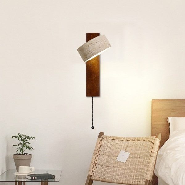 Traditional Japanese Rectangle Round Yellow Travertine Solid Wood 1-Light Wall Sconce Lamp For Bedroom - Image 3