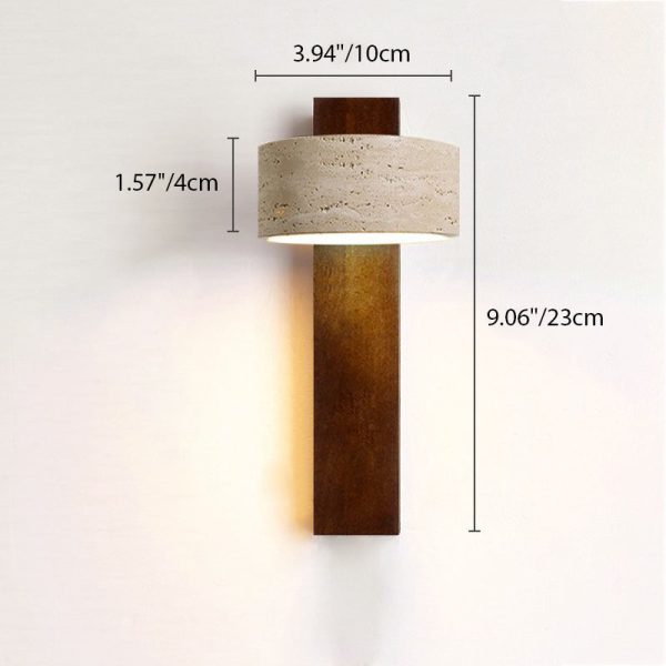 Traditional Japanese Rectangle Round Yellow Travertine Solid Wood 1-Light Wall Sconce Lamp For Bedroom - Image 4