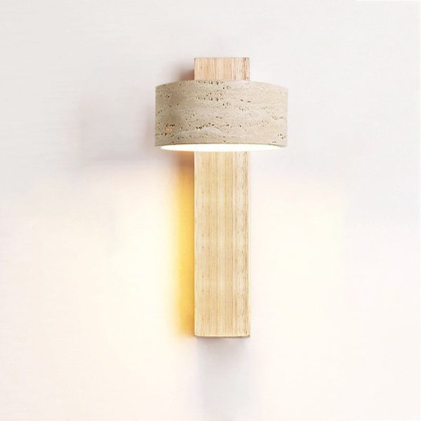 Traditional Japanese Rectangle Round Yellow Travertine Solid Wood 1-Light Wall Sconce Lamp For Bedroom - Image 16