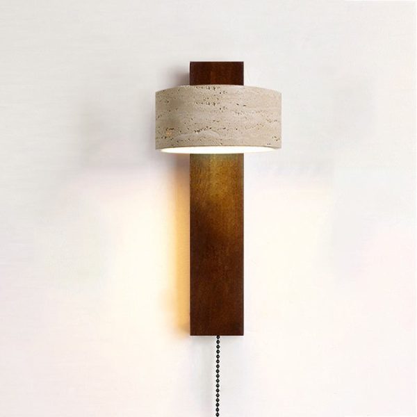 Traditional Japanese Rectangle Round Yellow Travertine Solid Wood 1-Light Wall Sconce Lamp For Bedroom - Image 17