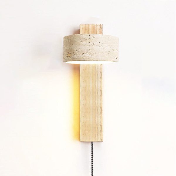 Traditional Japanese Rectangle Round Yellow Travertine Solid Wood 1-Light Wall Sconce Lamp For Bedroom - Image 18