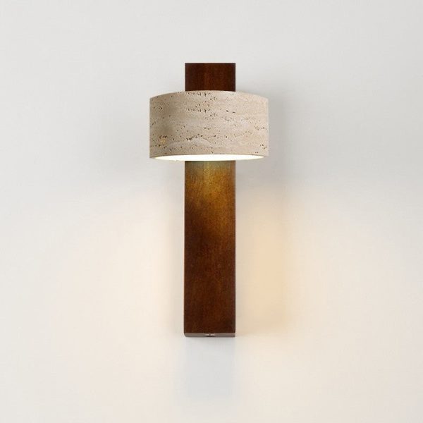 Traditional Japanese Rectangle Round Yellow Travertine Solid Wood 1-Light Wall Sconce Lamp For Bedroom - Image 19
