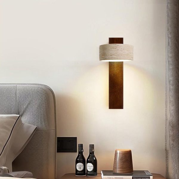 Traditional Japanese Rectangle Round Yellow Travertine Solid Wood 1-Light Wall Sconce Lamp For Bedroom - Image 2