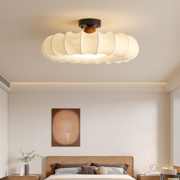 Traditional Vintage Circular Silk Shade Iron Solid Wooden Base LED Semi-Flush Mount Ceiling Light For Bedroom