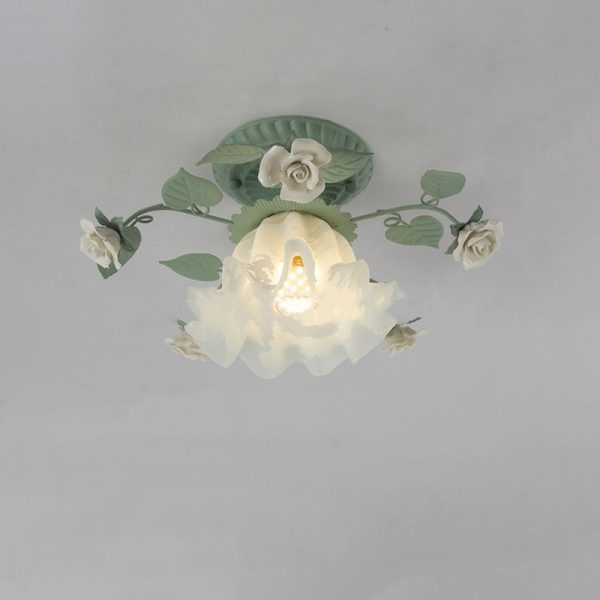 Traditional French Bellflower Leaf Iron Ceramic Glass Shade 1-Light Semi-Flush Mount Ceiling Light For Living Room - Image 10