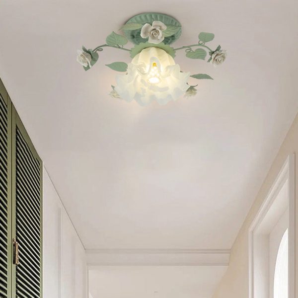Traditional French Bellflower Leaf Iron Ceramic Glass Shade 1-Light Semi-Flush Mount Ceiling Light For Living Room - Image 14