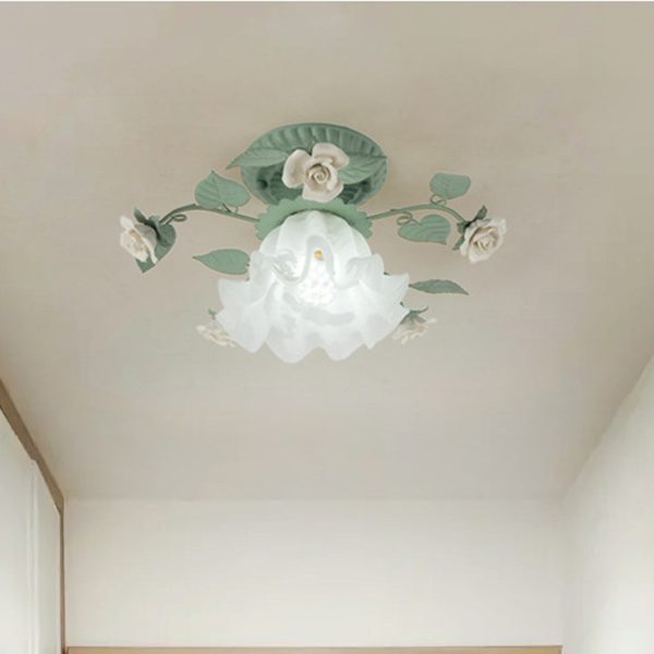 Traditional French Bellflower Leaf Iron Ceramic Glass Shade 1-Light Semi-Flush Mount Ceiling Light For Living Room - Image 16
