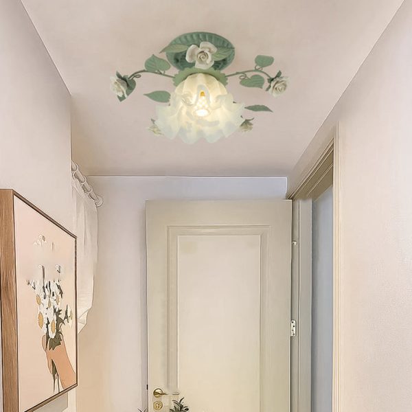Traditional French Bellflower Leaf Iron Ceramic Glass Shade 1-Light Semi-Flush Mount Ceiling Light For Living Room - Image 3