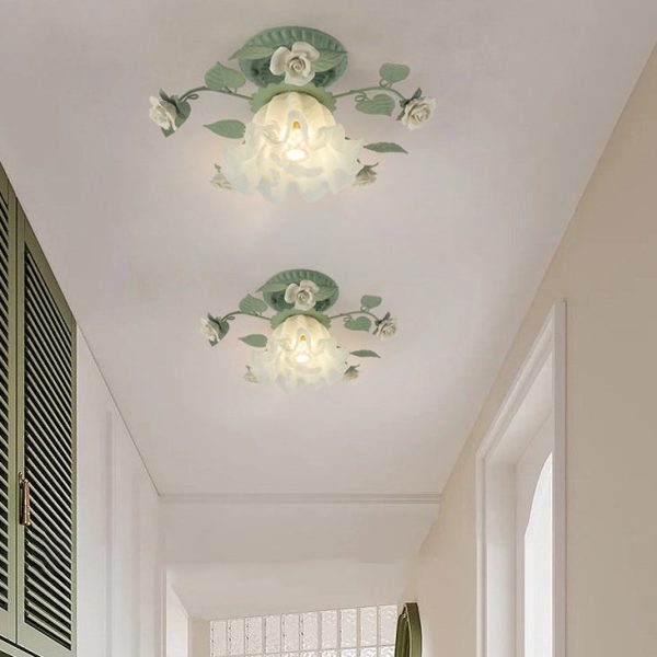 Traditional French Bellflower Leaf Iron Ceramic Glass Shade 1-Light Semi-Flush Mount Ceiling Light For Living Room - Image 2