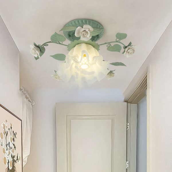Traditional French Bellflower Leaf Iron Ceramic Glass Shade 1-Light Semi-Flush Mount Ceiling Light For Living Room - Image 13