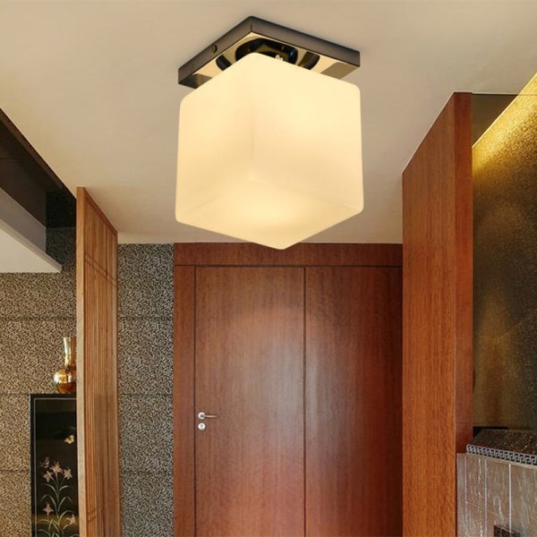 Modern Minimalist Square Metal Base Glass Shade 1-Light Semi-Flush Mount Ceiling Light For Living Room