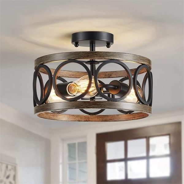 Contemporary Industrial Round Hollowed Out Wood Grain Iron 3-Light Semi-Flush Mount Ceiling Light For Living Room - Image 2