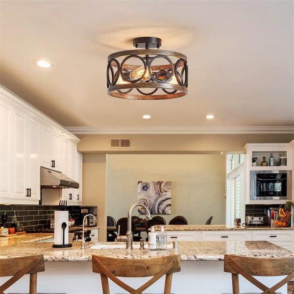 Contemporary Industrial Round Hollowed Out Wood Grain Iron 3-Light Semi-Flush Mount Ceiling Light For Living Room - Image 11