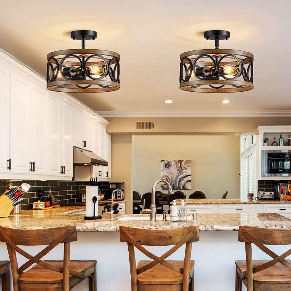 Contemporary Industrial Round Hollowed Out Wood Grain Iron 3-Light Semi-Flush Mount Ceiling Light For Living Room - Image 7