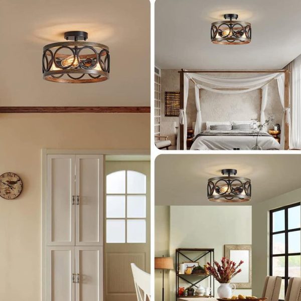 Contemporary Industrial Round Hollowed Out Wood Grain Iron 3-Light Semi-Flush Mount Ceiling Light For Living Room - Image 8