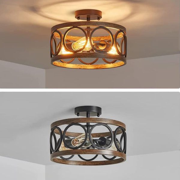 Contemporary Industrial Round Hollowed Out Wood Grain Iron 3-Light Semi-Flush Mount Ceiling Light For Living Room - Image 10