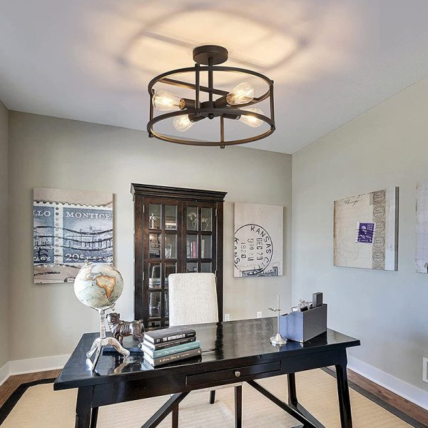 Contemporary Industrial Round Iron Frame 4-Light Semi-Flush Mount Ceiling Light For Living Room - Image 8