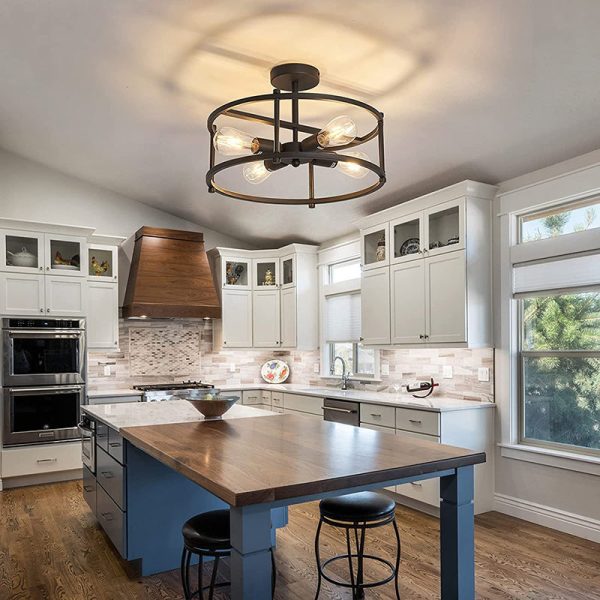 Contemporary Industrial Round Iron Frame 4-Light Semi-Flush Mount Ceiling Light For Living Room - Image 11